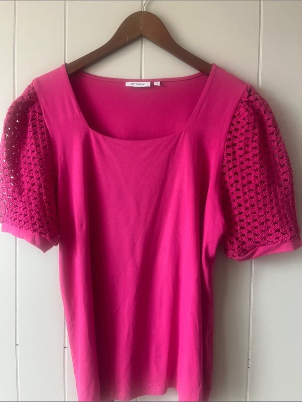 Bright Pink Puff Crochet Sleeve Square Neck Top